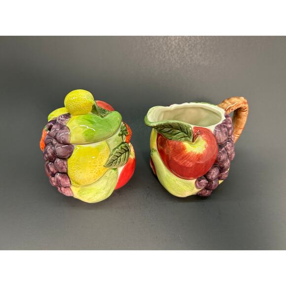 Pottery Barn Creamer and Sugar, Raised Fruit Pattern, VTG Japan Farmhouse Decor - Picture 1 of 7
